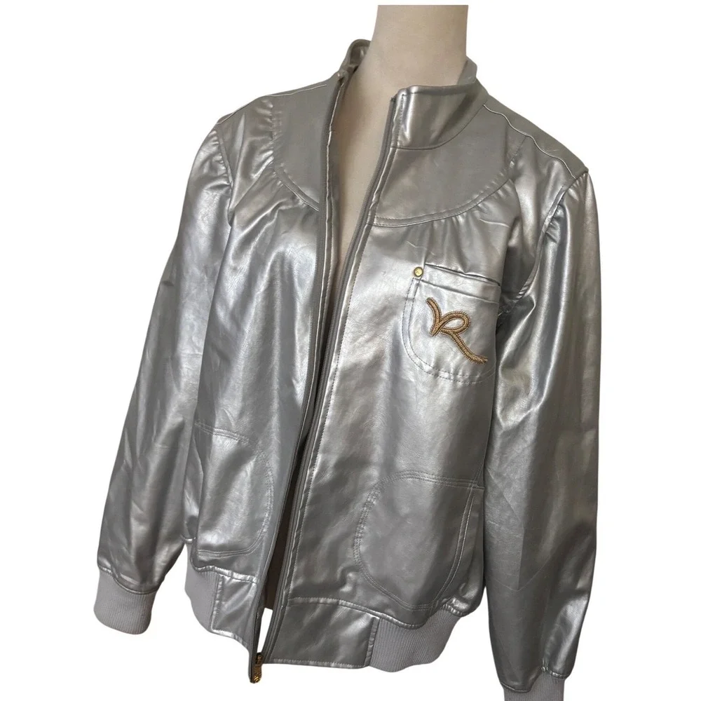Rocawear Mens Metallic Silver Faux Leather Bomber Jacket Gold Logo 2X Streetwear